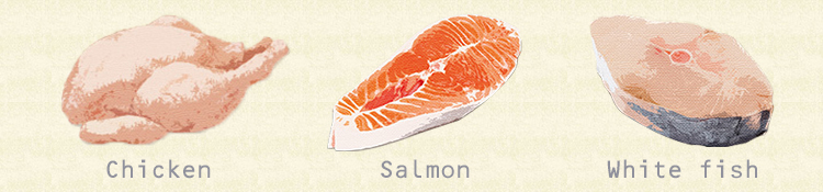 サーモン、白身魚、チキン