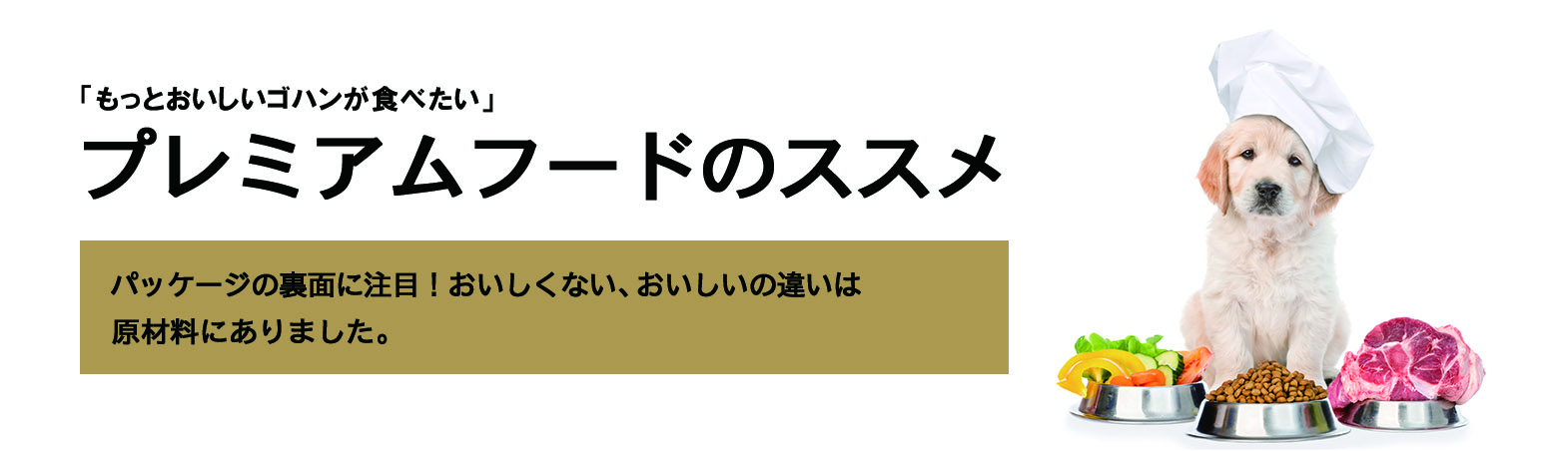 ワンちゃん「もっとおいしいごはんが食べたいんだけどな。」あなたの愛犬、実はこんな不満を持っているかもしれません。「おいしくない」その原因は、原材料にあるのかもしれません。大切な家族の食事。「献立」とも言える、ドッグフードの原材料。ちょっとパッケージの裏面に注目してみてください！