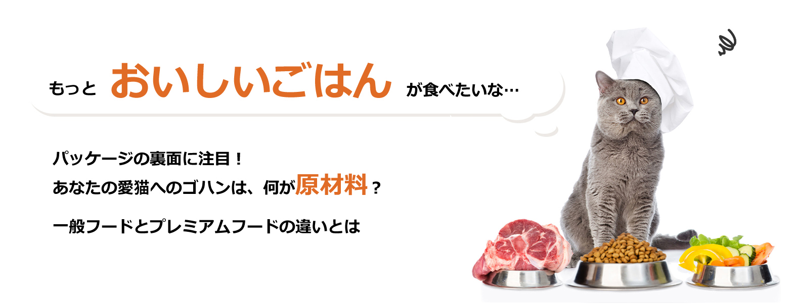 ねこちゃん「もっとおいしいごはんが食べたいんだけどな。」あなたの愛猫、実はこんな不満を持っているかもしれません。「おいしくない」その原因は、原材料にあるのかもしれません。大切な家族の食事。「献立」とも言える、キャットフードの原材料。ちょっとパッケージの裏面に注目してみてください！