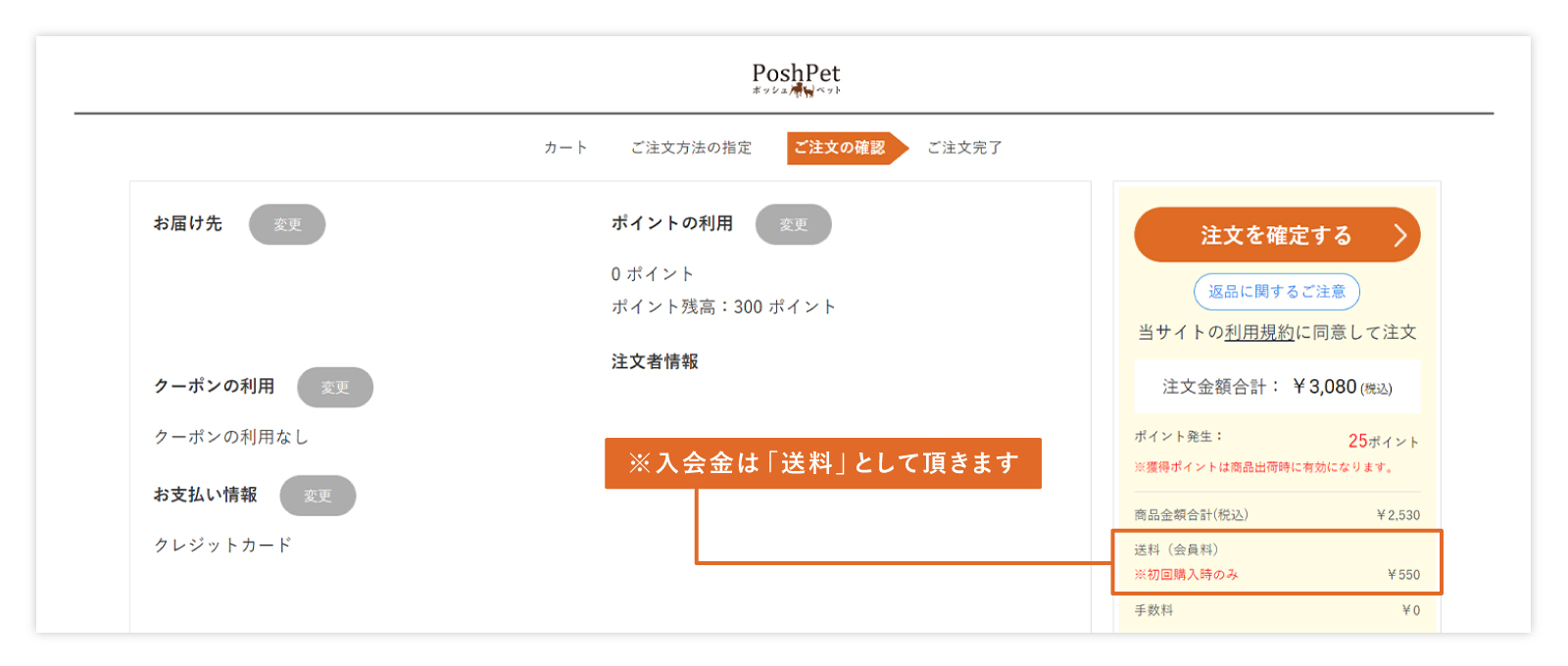 通販サイトPoshPetの初回注文確認ページのイメージ画像